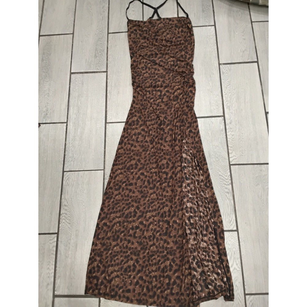Intimately Free People Leopard Print Maxi Dress Brown Ruched Slit NWT Small